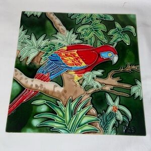 Like new Ping Decorative Ceramic Wall Hanging Trivet Art Tile macaw bird